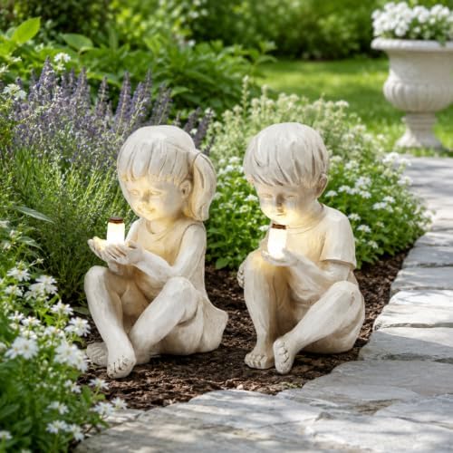 Large Garden Children Statues Light Up Firefly Jar Solar Powered | Set of 2 Figurines | Girl & Boy Garden Yard Art Décor, Indoor & Outdoor Ornament Gifts for Lawn, Patio , 7.5" W x11. 8”H Cream Gift - Image 5
