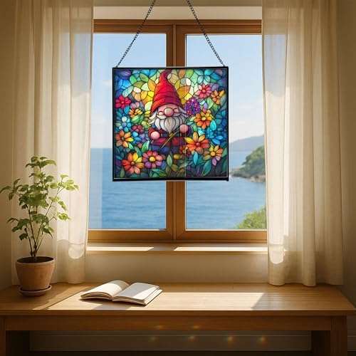 Midsummer Gnome Garden Stained Glass Suncatcher – Square Hanging Window Panel for Home or Greenhouse – Whimsical Glass Art Gift for Garden Lovers, Christmas, Halloween, Father Days 9TJjo3 - Image 6