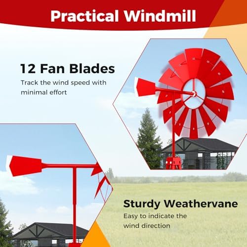 Goplus 8 ft Ornamental Windmill, All-Weather Metal Wind Mill w/ 4 Support Legs, Decorative Weathervane for Backyard, Garden, Farm, 4 Ground Stakes Included (Red) - Image 4