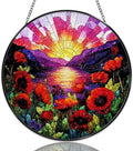 Stained Glass Window Hanging Sunset Over Lake and Red Poppies Sun Catchers Nature Landscape Floral Suncatchers Decorative for Home Garden Outdoor & Indoor Colorful Gift 9.8 Inch by Unknown