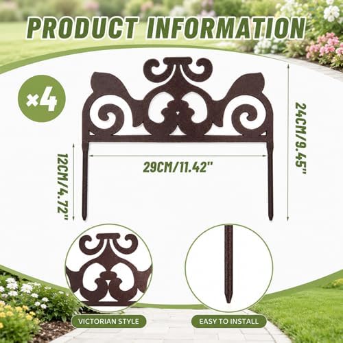 4 Pcs Iron Sheet Decorative Garden Edging, Vintage, Dark Brown - Image 2