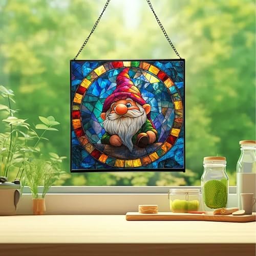 Stained-Glass Window Gnome Stained Glass Suncatcher – Square Hanging Window Panel for Home or Greenhouse – Whimsical Glass Art Gift for Garden Lovers, Christmas, Halloween, Father Days Sy50Zg - Image 2