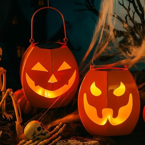 VIHOSE 2 Pcs Halloween Solar Pumpkins Lantern Lights for Hanging - Image 4