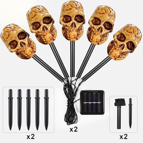BRIGHTDECK Halloween Solar Pathway Lights Outdoor, LED Decor, Light Up Solar Stake Lights for Holiday, Halloween, Walkway, Sidewalk (Skull, 10-Pack) - Image 3