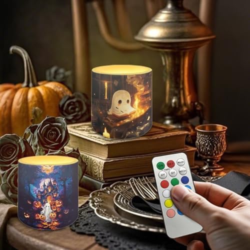 Flameless Candles with Remote, Battery Operated Ghost Haunted House Flickering LED Candles Halloween Day Decor Electric Pillar Candles Set of 4 - Image 2