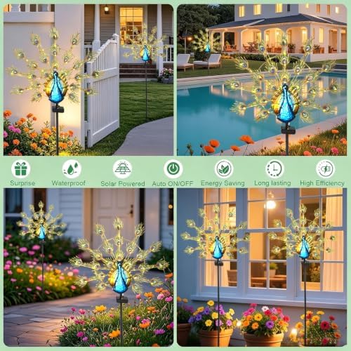 Large Solar Peacock Decorative Garden Stake Metal Yard Art Decor - Image 3