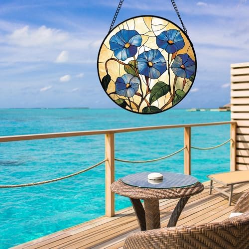 Stained Glass Window Hanging - Morning Glory Suncatcher for Door Garden Home Decor Birth Flower Sun Catcher Christmas Birthday for Lovers Friend Women Mom Nana 15 in - Image 4