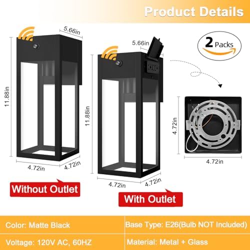 Porch Lights with Outlet, Dusk to Dawn Outdoor Light, 2-Pack Black - Image 5