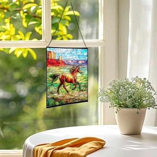 Brown Mustangs Horse cantering Through Open Canyon Floor Square Suncatcher – Stained Glass Style Window Panel with Pastoral Scene, Custom Decorative Hanging Art for Equestrian Home, Christmas WdEB2V - Image 2