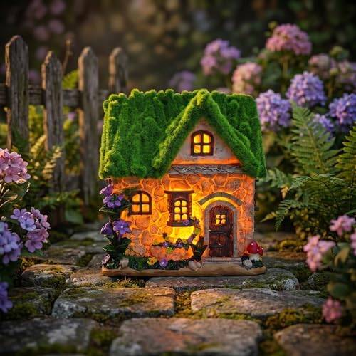 Solar-Powered LED Fairy Garden Cottage, Resin Miniature Stone House with Flocked Moss Roof, Outdoor Patio Yard Decor, Waterproof Garden Ornament with Warm Lights for Lawn, Pathway & Fairy Garden - Image 3