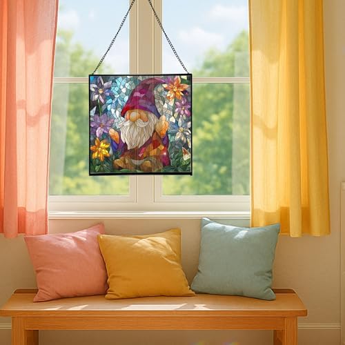 Gnome with Crystal Flowers Stained Glass Suncatcher – Square Hanging Window Panel for Home or Greenhouse – Whimsical Glass Art Gift for Garden Lovers, Christmas, Halloween, Father Days L3qupH - Image 5
