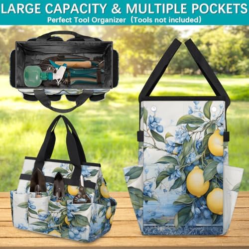 Lemon Fruit Garden Tool Bag Organizer Heavy Duty Lemon Plant Leaves Gardening Tote Bag with 10 Pockets for Women Men Gardening Gifts - Image 4