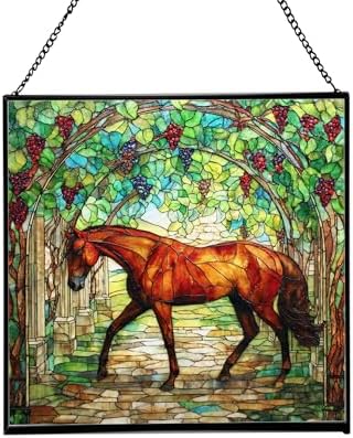 Chestnut Trakehner Horse Walking Beneath Vineyard Canopy Square Suncatcher – Stained Glass Style Window Panel with Pastoral Scene, Custom Decorative Hanging Art for Equestrian Home, Christmas Os0RHH by Custom