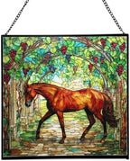 Chestnut Trakehner Horse Walking Beneath Vineyard Canopy Square Suncatcher – Stained Glass Style Window Panel with Pastoral Scene, Custom Decorative Hanging Art for Equestrian Home, Christmas Os0RHH by Custom