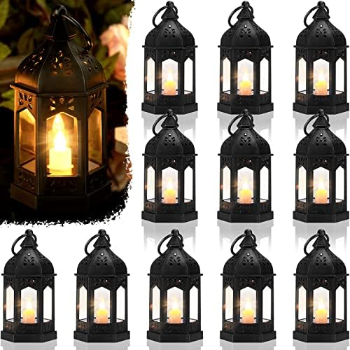 Cunhill 12 Pieces Mini Lanterns with Flickering LED Candle Vintage Decorative Hanging Candle Lanterns for Ramadan Wedding Decorations Party Table Centerpiece, Battery Included(Black) by Cunhill