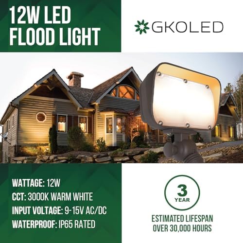 GKOLED 12W LED Flood Lights Outdoor, Aluminum Low Voltage Security Lights, Knuckle Mount Waterproof Wall Light, Landscape Lighting for Yard House Garden Garage, 9-15V, 800 Lumen, 3000K, Brown, 2 Pack - Image 2