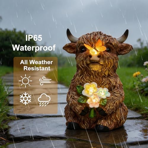 Solar Highland Cow Outdoor Statue, Garden Sculpture with Lighted Butterfly - Image 4
