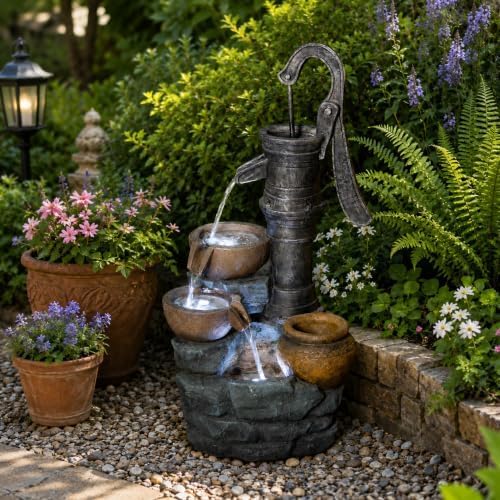 32" Large Outdoor Water Fountain with Lights, Vintage Pump Outdoor Fountains and Waterfalls, Rustic Garden Water Fountain for Patio Yard by Unknown