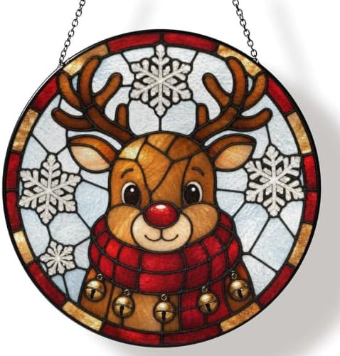 Cute Christmas Reindeer Stained Glass Suncatcher 11.8" Colorful Window Hanging Ornament, Sun Catcher Decor for Bathroom Front Door Living Room Home Wall Garden by FeHuew