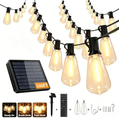 30FT Solar String Lights Outdoor Waterproof with Remote and 15+1 Shatterproof Bulbs, Patio LED Solar Powered Hanging Lightings for Outside，Camping，Backyard, Garden, Porch Decor by CRLIVOING