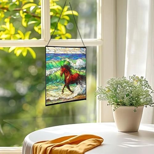 Dark Bay Thoroughbred Horse galloping along wind-cut shore Square Suncatcher – Stained Glass Style Window Panel with Pastoral Scene, Custom Decorative Hanging Art for Equestrian Home, Christmas TqsAq5 - Image 3