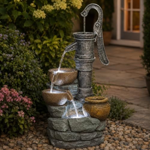 32 Inch Freestanding Outdoor Fountain with Vintage Pump for Garden Decor - Image 2