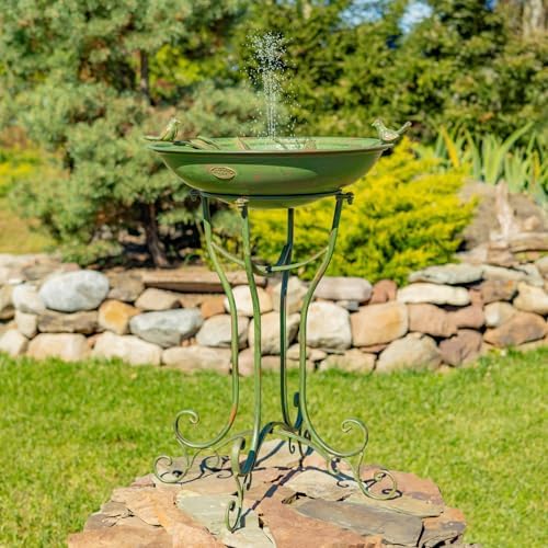 Zaer Ltd. Deep Well Made Metal Birdbath with 2 Cast Iron Birds and Leaf Decoration (Verdi Green) by ZaerLtd