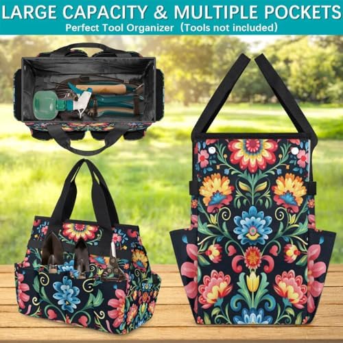 Mexican Flowers Garden Tool Bag, Garden Tote Storage Bag with 10 Pockets, Indoor and Outdoor Colorful Mexican Gardening Tool Organizer for Women Men - Image 4