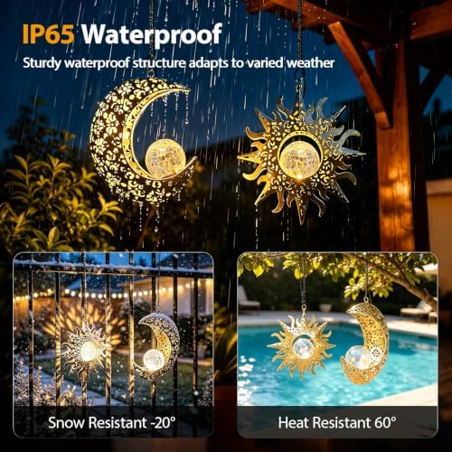 Solar Sun & Moon Lanterns Set, Hanging Decor for Garden, Gifts for Grandmom - Image 4
