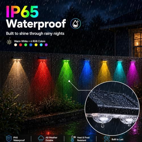 AUDLES Solar Fence Lights Outdoor Waterproof LED, 8 Modes Warm & RGB 6 Color Changing Solar Powered Flood Wall Lights, Solar Light for Step, Pathway, Garden, Deck, Stairs Decor- 12 Pack - Image 3