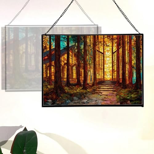 Sun Shining Through Window in Forest Chapel Rectangular Stained Glass Suncatcher – Hanging Window Panel with Animal & Nature Scene – Vibrant Glass Art Gift for Wildlife, Fantasy, Nature Lovers rQwQYE - Image 3
