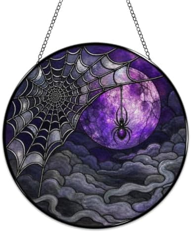 Spider Web Purple Moon Stained Glass Suncatcher 9.8" Colorful Window Hanging Ornament, Retro Sun Catcher Decor with Chain for Home Wall Garden Birthday Christmas Mothers Day - Image 4