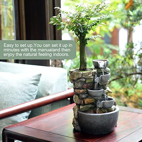 Haobos Indoor Fountain 4-Bowl Rockery Soothing Sound Tabletop Fountains Home/Office Decor Gift for Mom,Mother Day Present with A Small Plastic Pot to Grow Plant/Hebs By Yourself (Automatic Watering) - Image 4