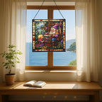 Gnome Weaving Stained Glass Suncatcher – Square Hanging Window Panel for Home, Garden, Nursery, Halloween, Christmas, Memorial Day – Whimsical Glass Art Gift for Gnome Lovers mv4mkm - Image 6