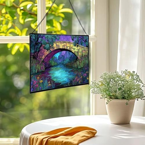 Rainbow Bridge Over Meadow Stream Rectangular Stained Glass Suncatcher – Hanging Window Panel with Animal & Nature Scene – Vibrant Glass Art Gift for Wildlife, Fantasy, Nature Lovers AiKrXc - Image 2