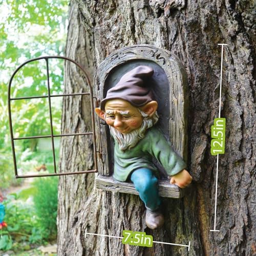 Elenon Gnome Big Tree Faces Garden Decor, 13 inch Gnome Coming Out of Tree Outdoor Decorations, Fairy Elf Hugger Whimsical Peeker Sculpture Yard Patio Art - Image 2