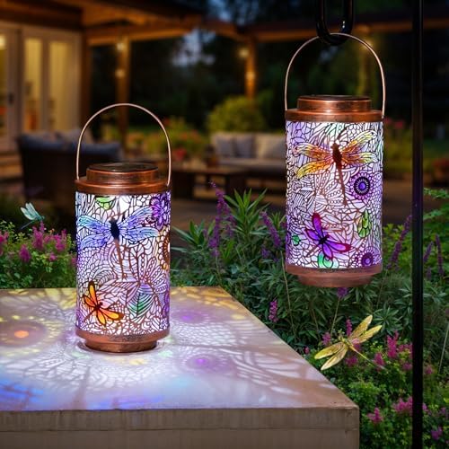 2Pack Solar Outdoor Lanterns Waterproof Multicolor Dragonfly Garden Gifts for Mom Women Backyard Lights Lanterns for Indoor,Outdoor, Outside,Mothers Day Gifts for Grandma Wife by Go2garden