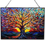 Rectangle Tree of Life Stained Glass Window Hanging, 15" W X 11" H Stained Glass Panel with Chain, Suncatchers for Windows Hanging Decorations, Gifts for Mom, Grandma, Wife, Sister by HYPESTYLE