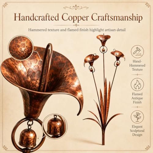 Flamed Copper Three Calla Lilies Garden Stake with Bells, Handmade Metal Flower Rain Chimes Yard Art Decor, Weatherproof Outdoor Sculpture Rain Catcher for Lawn, Patio and Pathway, Unique Gift - Image 4