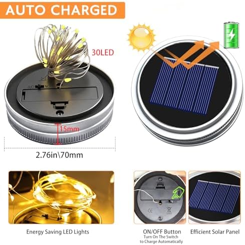12 Pack Solar Mason Jar Lights for Outside, 30 LED Solar Mason Jar Lids Fairy Lights with 12 Hangers(No Jars) Outdoor Waterproof for DIY Patio Garden Yard Lawn Party Wedding Decoration Warm White - Image 2