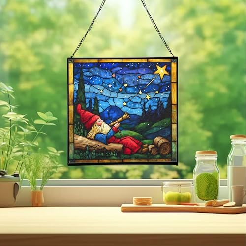 Gnome Stargazing Stained Glass Suncatcher – Square Hanging Window Panel for Home, Garden, Nursery, Halloween, Christmas, Memorial Day – Whimsical Glass Art Gift for Gnome Lovers 38qr0f - Image 2