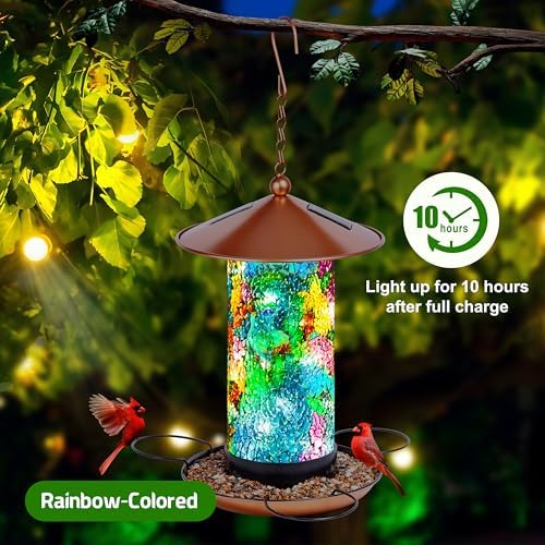 XDW-GIFTS Mosaic Solar Wild Bird Feeder, Waterproof Lantern Shape with S-Hook & 4 LED Lights, Garden Decor for Lawn, Patio, Balcony, Yard Ornament - Unique Gifts for Mom, Women, Grandma, Bird Lovers - Image 4