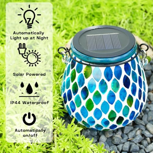 2 Pack Mosaic Blue Solar Lanterns, Outdoor Glass Hanging Lights, Waterproof, Solar Table Lamps, Christmas Gifts for Women Mom Grandma, Night Lights, Decoration for Garden, Patio, Yard, Outdoor Decor - Image 2
