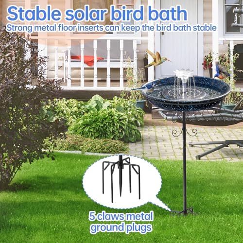 Yiabivo Solar Powered Bird Bath with Fountains for Hummingbirds,Stable Stylish Design with 5-Prong Base Stake Metal Bird Bath for Outside Yard Lawn Patio Garden(Blue) - Image 4