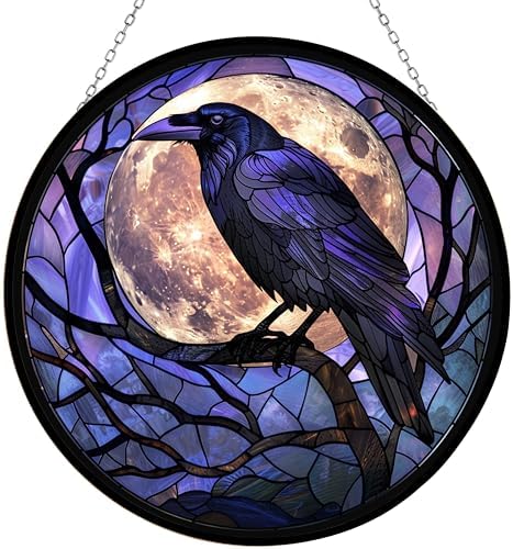 Crow Stained Glass Window Hanging,Hummingbird Sun Catchers Indoor Window Decor, Stained Glass Suncatcher Gifts for Women, Crow Lover, Christmas Decorations by 365CUSGIFTS