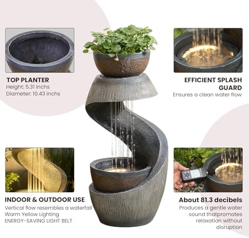 Outdoor Water Fountain with LED Lights, 31.9" Modern Resin Waterfall Fountain Outdoor, S-Shaped Garden Water Feature for Yard, Balcony, Home Decor, Patio Fountian and Waterfalls, Grey - Image 5