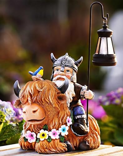 Garden Gnome Outdoor Statue Highland Cow Decor for Yard Patio Lawn Porch Birthday Gifts for Women Men, Mother’s Day, Housewarming with Solar Light Gnome Decor for Outside by Vereemy