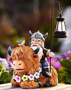 Garden Gnome Outdoor Statue Highland Cow Decor for Yard Patio Lawn Porch Birthday Gifts for Women Men, Mother’s Day, Housewarming with Solar Light Gnome Decor for Outside by Vereemy