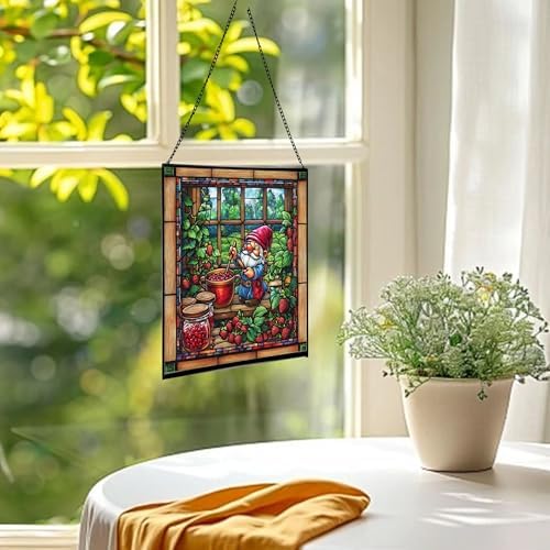 Gnome Making jam Stained Glass Suncatcher – Square Hanging Window Panel for Home, Garden, Nursery, Halloween, Christmas, Memorial Day – Whimsical Glass Art Gift for Gnome Lovers 8ddf8a - Image 3