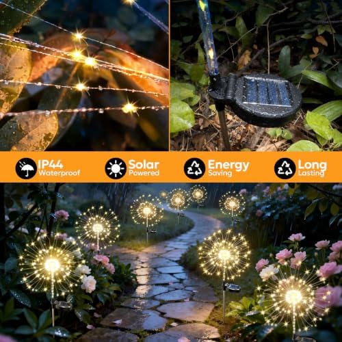 FOOING Solar Fireworks Lights for Outside Waterproof Solar Lights Outdoor, 8 Packs 130 LED Twinkling Fairy Firefly Starburst Light with 2 Modes DIY for Yard, Lawn, Pathway, Patio, Garden Decor - Image 5